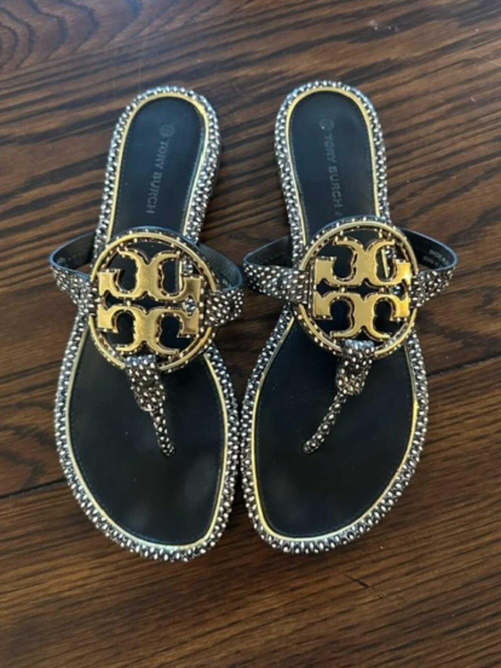 Tory Burch Black Sandals with Gold Logo Medallion and Stud Trim